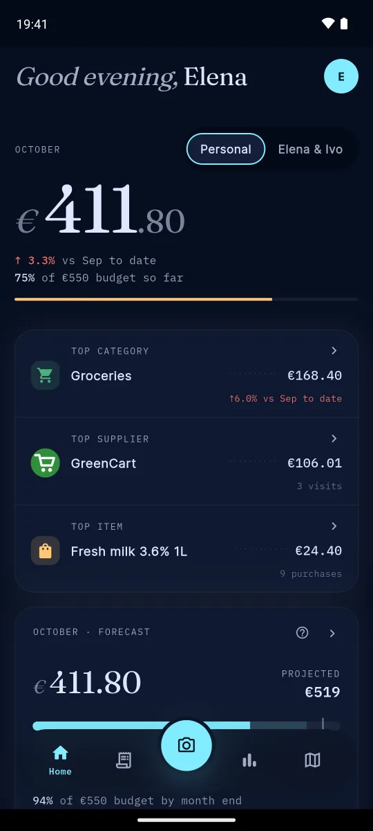 HouseTally home screen with the month&rsquo;s spending and the latest receipts