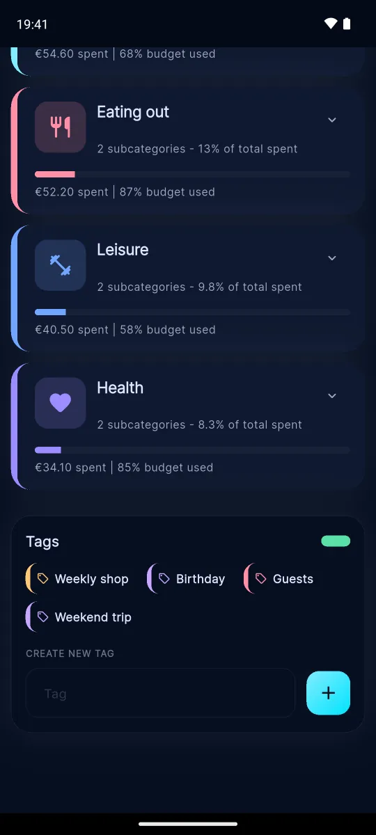 Tags screen with free-form tags such as weekly shop and birthday