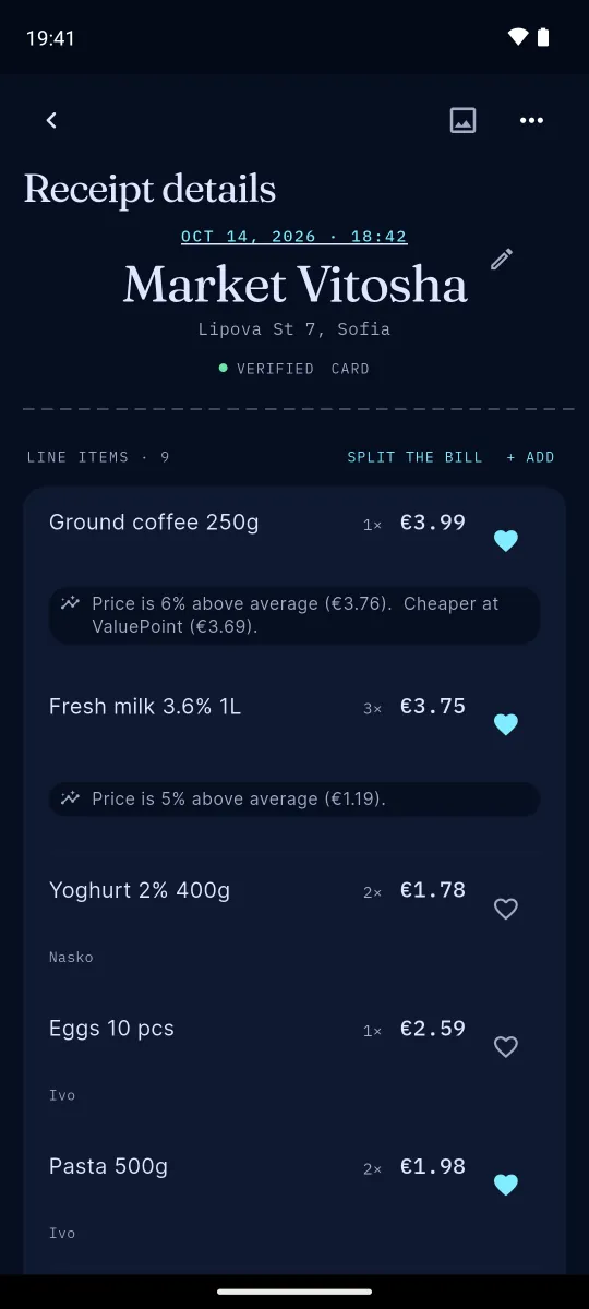 Receipt details with a price note under each line, such as price is 6% above average and cheaper at another shop