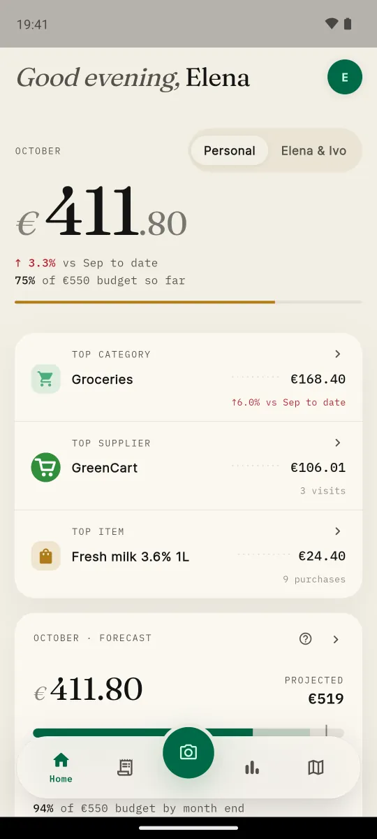 HouseTally home screen with the month&rsquo;s spending and the latest receipts
