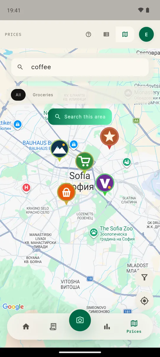 Map with price pins for one product across shops