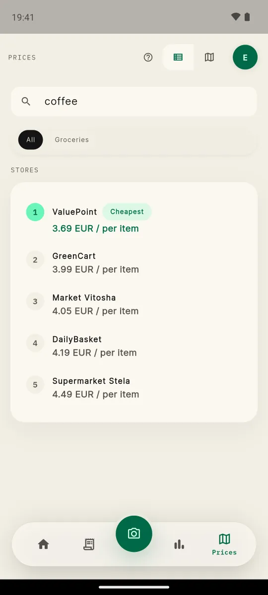 Shops ranked by price for coffee, with the cheapest one highlighted