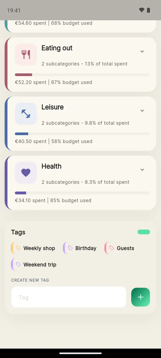 Tags screen with free-form tags such as weekly shop and birthday